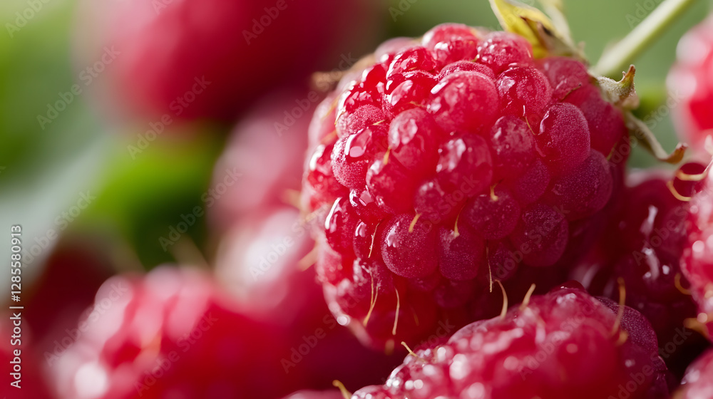 Aufkleber close-up of fresh ripe raspberries with green leaf background : generative ai