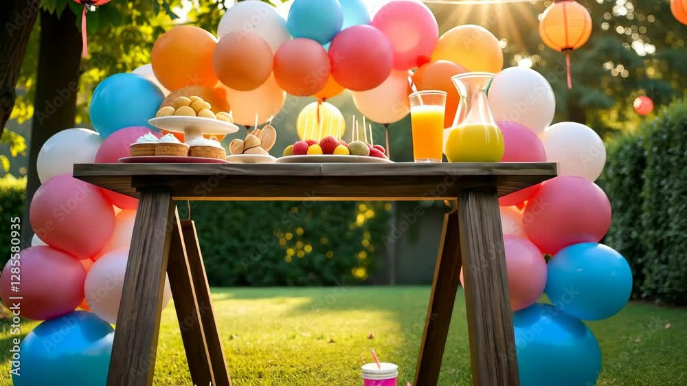 Poster A table with a bunch of balloons and a pitcher of orange juice. There are also cupcakes and fruit on the table