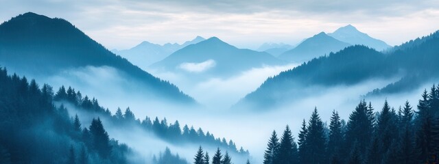 Obraz premium Serene Misty Mountain Landscape at Dawn with Evergreen Trees and Soft Cloud Cover