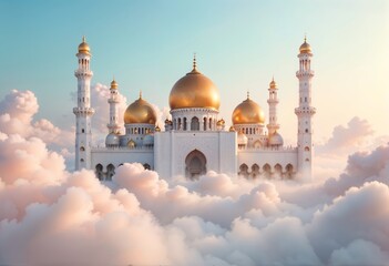 Obraz premium Mosque with golden domes and intricate arches majestically amid a dreamy