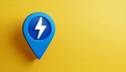 a close-up shot of a blue location pin icon with a lightning bolt symbol inside. This image conveys a sense of energy, location, and direction