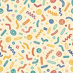 Colorful abstract seamless pattern with various shapes and lines on a beige background.
