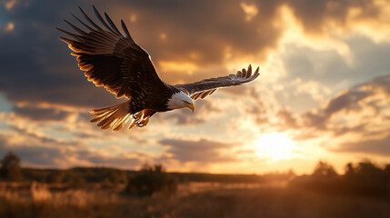 A majestic eagle soaring through a clear blue sky, with the sun glinting off its feathers, over a vast mountain range below. Ultra-Realistic, Photo Realistic, highly detailed