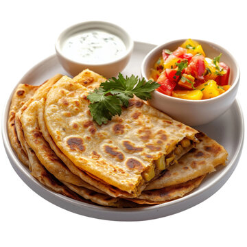 A plate of crispy, golden aloo paratha (stuffed potato flatbread) served with fresh yogurt, pickles, onions, and green chilies. A classic North Indian breakfast dish.