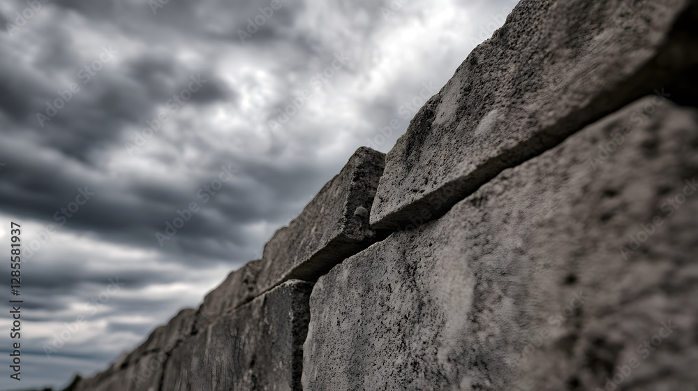Poster abstract closeup of concrete block wall under ominous cloudy sky : generative ai