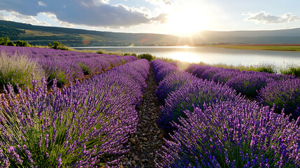 Obraz premium A field of lavender flowers with a river in the background. generated using AI
