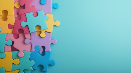 Colorful jigsaw puzzle pieces in various geometric shapes and pastel colors on a blue background  The image represents the concept of creative solution problem solving strategic thinking