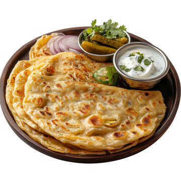 A plate of crispy, golden aloo paratha (stuffed potato flatbread) served with fresh yogurt, pickles, onions, and green chilies. A classic North Indian breakfast dish.
