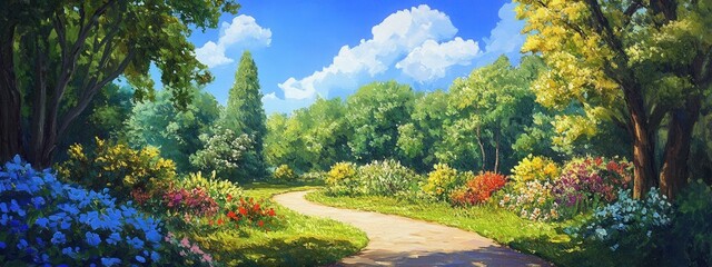 Vibrant Nature Scene with Colorful Flowers and Serene Pathway Under Lush Green Trees