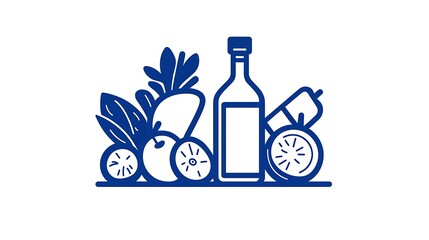 Blue Line Art Illustration: Fresh Produce and Olive Oil Still Life AI Generated