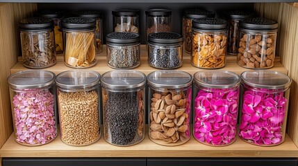 Kitchen cabinet filled with various storage containers organizing kitchen essentials and ingredients