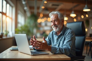 Laptop Desk Setup. Senior man gray hair smiling video call laptop cozy