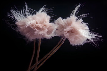 Fototapeta premium A captivating close-up macro photo of delicate flowers against a black background, highlighting their intricate details and vibrant colors in stunning clarity.