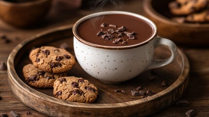 Warm Chocolate Hot Drink with Cookies on Wooden Tray