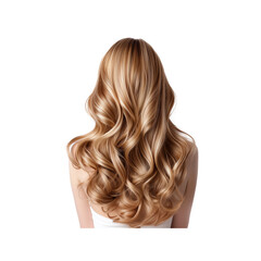 A woman with voluminous, wavy blonde hair viewed from the back, Isolated on white background.