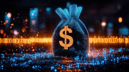 Glowing money bag symbol shining brightly against a dark backdrop representing the potential for financial growth wealth and lucrative investment opportunities