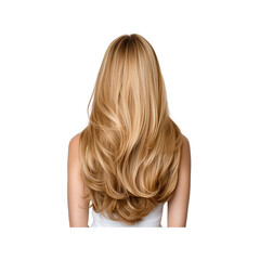 Fototapeta premium Long, flowing blonde hair cascading down from a woman's head, volume and shine, Isolated on white background.