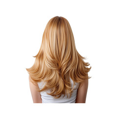 Naklejka premium A woman with long, flowing blonde hair is seen from the back, smooth texture and layered style of her hairstyle.