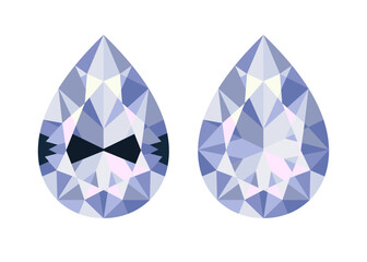 Pear cut diamond with and without bow tie effect. Flat vector illustration