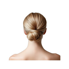 Fototapeta premium A smooth, elegant bun hairstyle showcasing soft blonde hair from the back, emphasizing a classic and sophisticated look.
