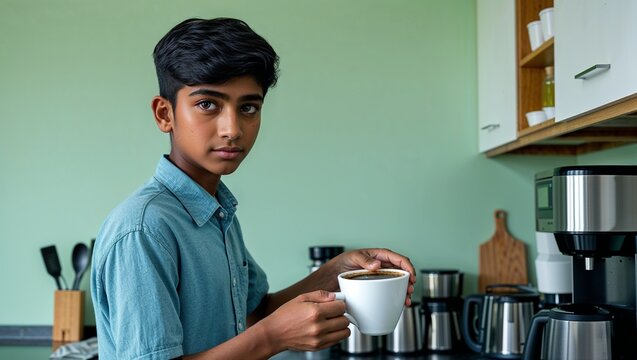 A teenage South Asian intern making coffee in an office pantry in closeup portrait on a plain pastel green background