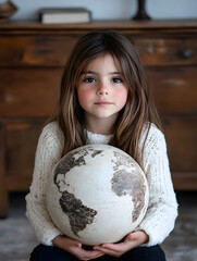 Young Girl Holding Vintage Globe Emphasizing Global Awareness and Education in a Home Interior : Generative AI