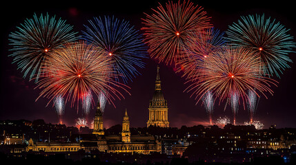 Fototapeta premium Fireworks over City at Night