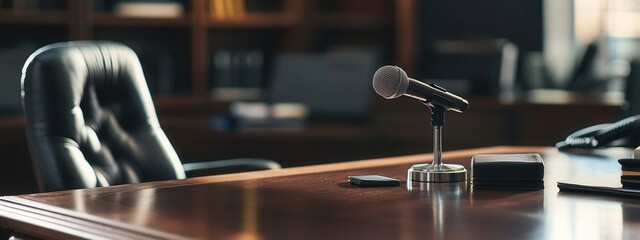 Naklejka premium Elegant Courtroom with Microphone and Wooden Desk Set for Judicial Proceedings and Hearings