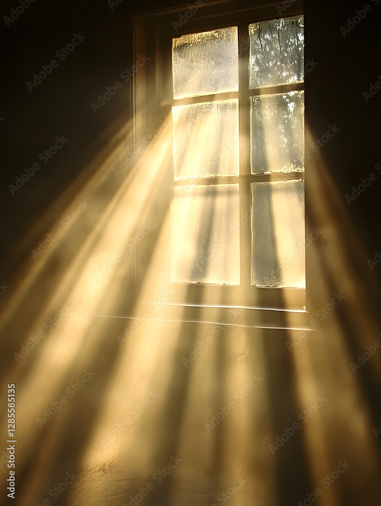 Poster golden sunrays streaming through a vintage window illuminating the dust particles in the air : gener