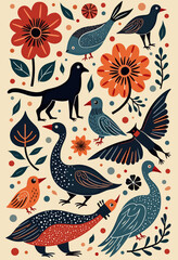 a variety of birds, including a black cat, a blue bird, and several orange and red flowers, all set against a light beige background with scattered dots.