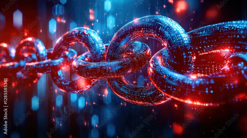 Poster Mesmerizing 3D rendering of a futuristic interconnected network of glowing spherical particles in a dynamic vibrant display of red and blue neon lights