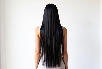 Obraz premium Explore the boundaries of fashion and form with this unique image: A female figure shrouded in a cascade of long black wig strands, covering the entire body, sharply contrasted against a stark white b