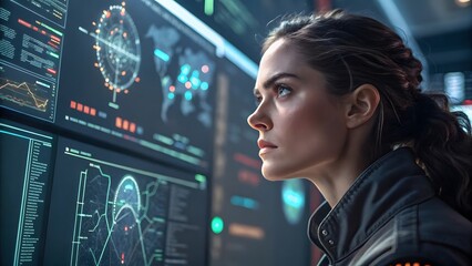 Focused Female Analyst Engaging with Futuristic Data Interfaces