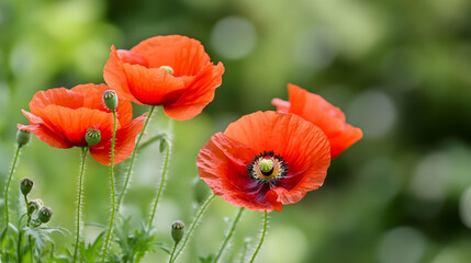 Beautiful Close-Up of Bright Red Poppy Flowers in Lush Green Field : Generative AI