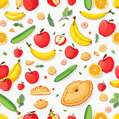 a variety of fruits and vegetables, including bananas, apples, oranges, and cucumbers, arranged in a visually appealing and colorful manner.