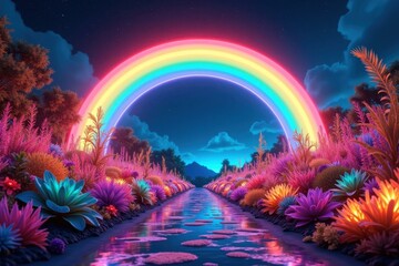 Rainbow Light Water. Vibrant neon plants colorful river glowing rainbo