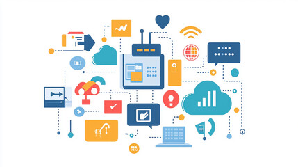A connected digital network with various IoT icons, including cloud computing, analytics, and automation, representing the future of smart technology.
