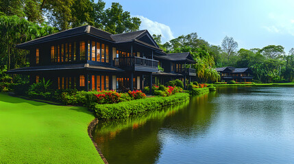 Fototapeta premium Luxurious Houses by a Tranquil Lake