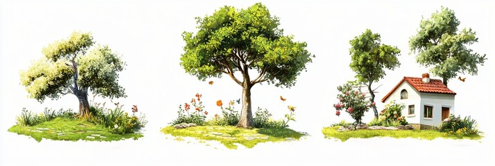 Vibrant Nature Scene with Trees, Flowers, and Cozy House Illustration