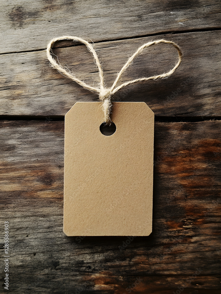 Aufkleber Blank Brown Paper Tag with String on Rustic Wooden Background for DIY Crafts : Generative AI