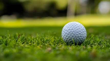 Obraz premium Golf ball resting on lush green grass, symbolizing focus and precision in a serene setting. 