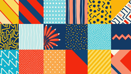 The image is a patchwork of 16 squares, each featuring a unique pattern, including stripes, polka dots, zigzags, and geometric shapes.