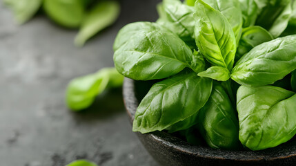 Fresh Basil Leaves in Wooden Bowl on Dark Background for Aromatic Culinary Uses : Generative AI