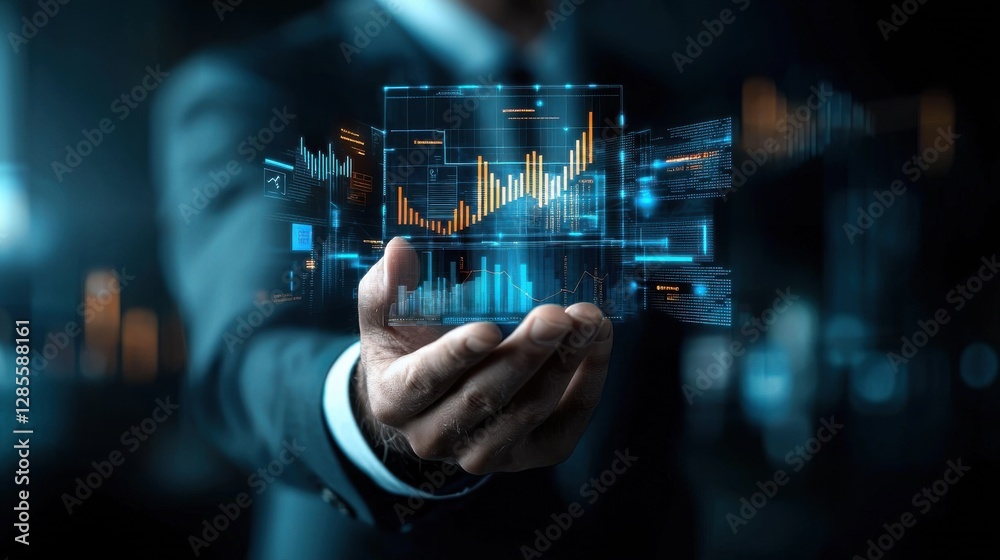 Poster futuristic holographic market data analytics and financial reporting interface with charts graphs an