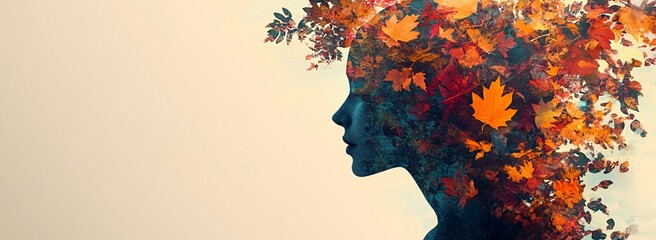 A double exposure silhouette of a woman merged with vibrant autumn leaves and flowers, perfect for Women's Day, creative projects, and mental health awareness campaigns.