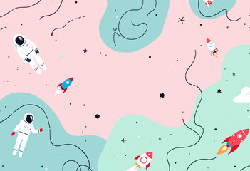 a space theme with a pink background, blue and green swirls, and various objects including a person in a white spacesuit, a blue and red rocket, and a red and white rocket.