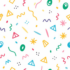 Colorful abstract geometric seamless pattern with triangles, waves, and confetti.