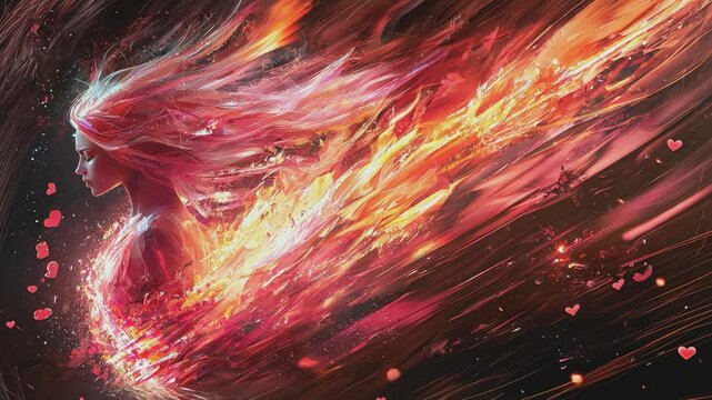 The Phoenix's Embrace: An artistic and emotional depiction of a woman transforming into fire, embodying rebirth, passion, and strength, with hearts symbolizing love and renewal.