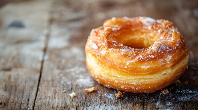 A crispy cronut with layers of flaky pastry and a glossy glaze, representing a sweet and indulgent treat