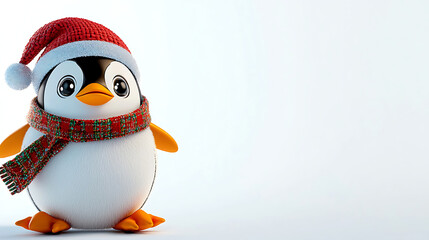 A penguin wearing a red hat and scarf stands in front of a white background. generated using AI